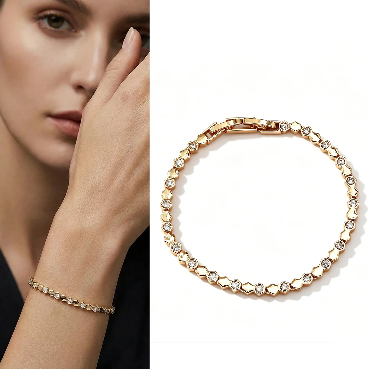 Luxury Gold Plated Hexagon CZ Tennis Bracelet, Sparkling Honeycomb Link Bracelet for Women, Bridal Wedding Party Jewelry