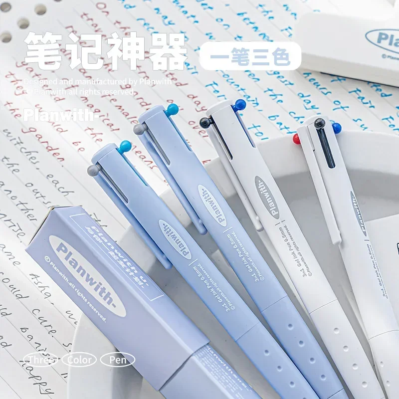 Caneta gel retrátil multifuncional kawaii, 3 cores, 0.5mm, papelaria, caneta triangular, confortável, suporte para caneta