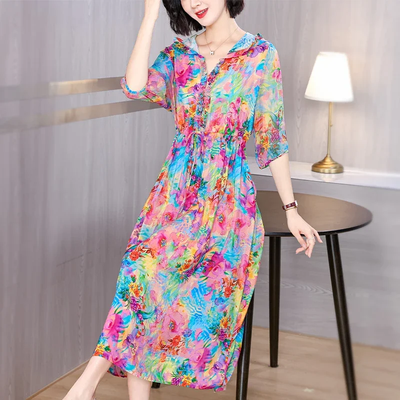 

Summer Casual 4XL Plus Size Floral Satin Sundress Elegant Print Mulberry Silk Beach Dress 2024 Women Bodycon Party Dress