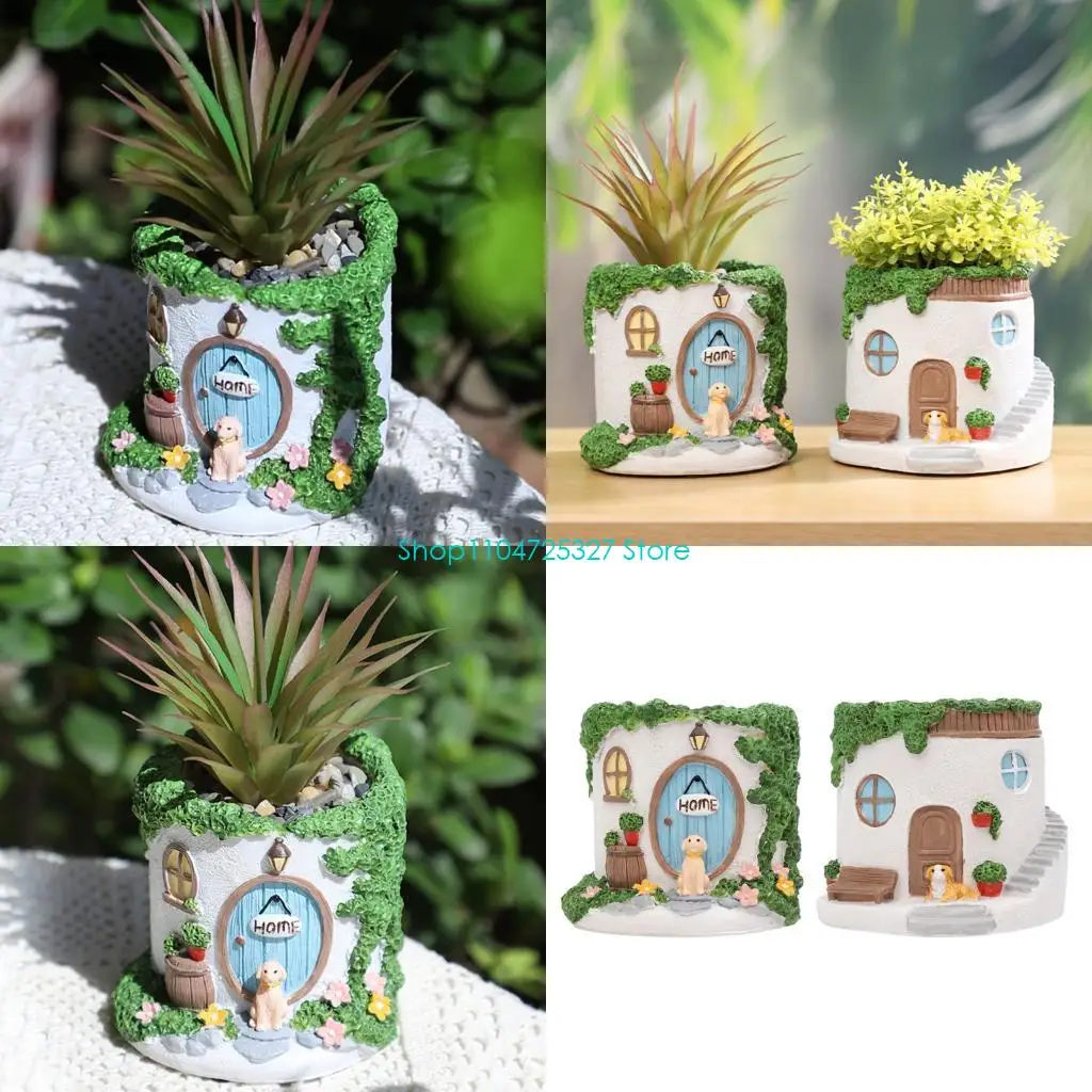 D8KF Cream Color Miniature Villa Planter 6cm Inner Space Resin Plant Pot Drainage Design