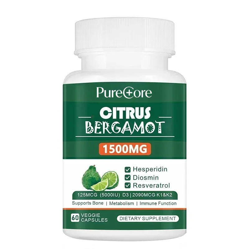 Citrus Bergamot 1500mg, Containing Resveratrol, Vitamin D3, K1 and K2, Supporting Bone Health, 60 Vegetable Capsules