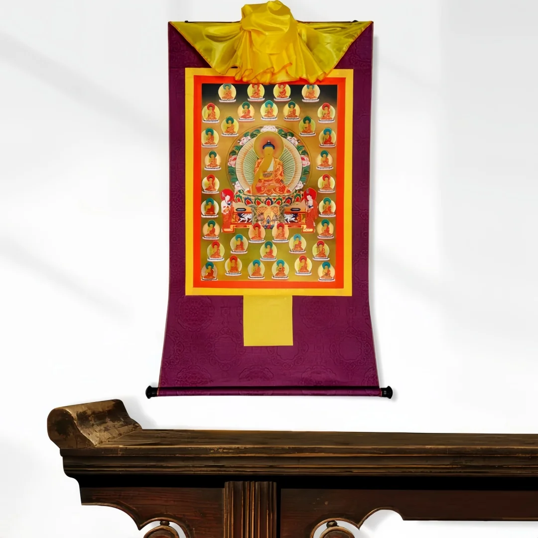 Shakyamuni Buddha 35 Buddhas Thangka Scroll, Machine Mounted Gold Foil Core, 35cm.