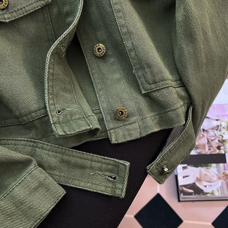 Spring Autumn Fashion Denim Short Jacket Women\'s Green Jean Coat Single-breasted Loose Outerwear Streetwear Cotton Casual Tops