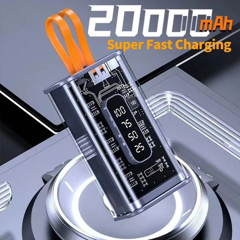 

20000MAh Large-capacity Power Bank Cross-border Transparent Mecha-style with Built-in two-wire Boarding Mobile Power Supply