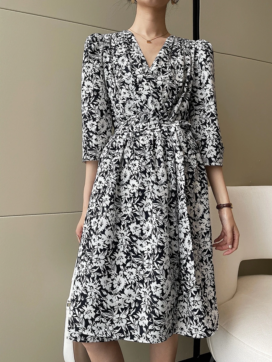 

Mulan Summer Floral Print Chiffon Dr with Belt Waist Cinching Bubble Sve A-Line Skirt V-Neline Seven-Quarter Sve