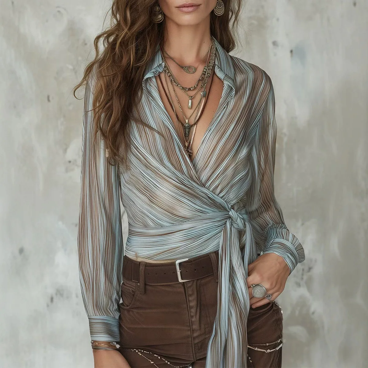 MsChuh Women's Shirt Striped Sheer Wrap Blouse Turn down Collar Long Sleeve Tie Waist Boho Casual Slim Fit Blouse Top Streetwear