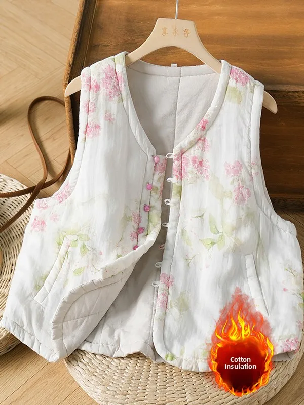 Thiened – gilet en coton imprimé artistique rétro pour femmes, grande taille, chaud, Svel Jaet avec ket incliné, tenue décontracté