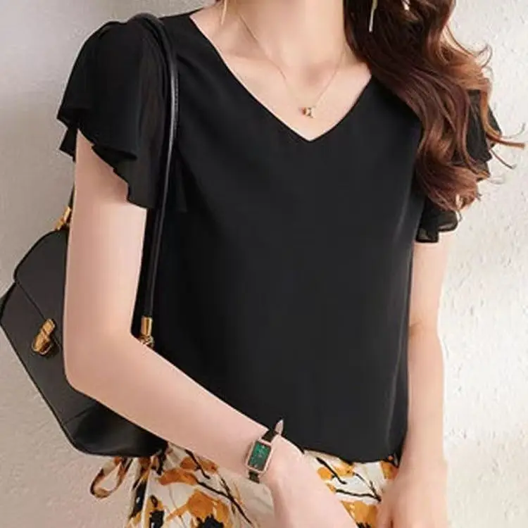 Summer New Style Short Sleeve Loose Women's Top Double Layer Belly Covering Fashionable Casual Wear Polyester Fiber A-Class S...