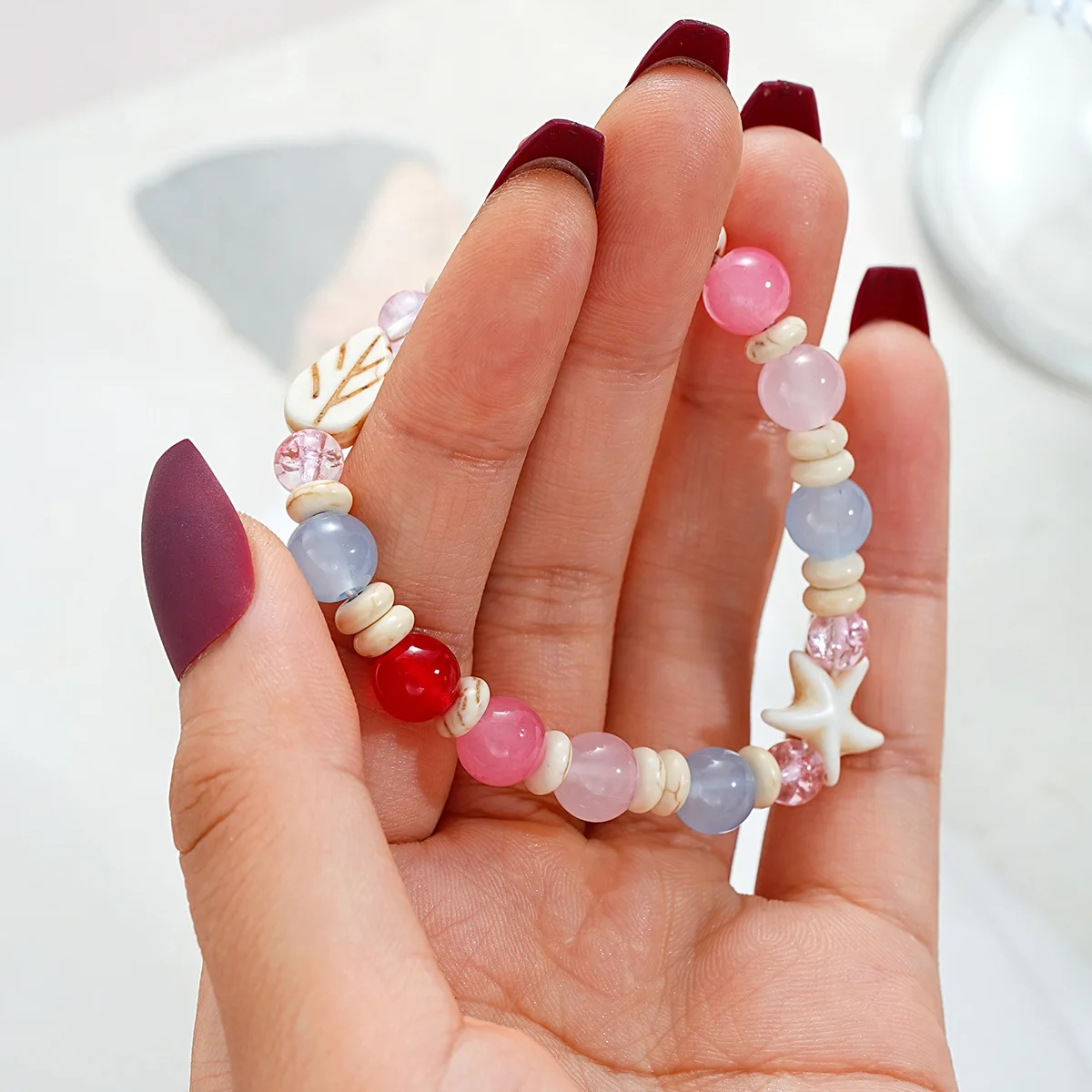 1Pcs Hot Selling Sweet Dopamine Colored Beaded Starfish Alloy Bracelet, Versatile Handmade Wholesale for Women's Temperament