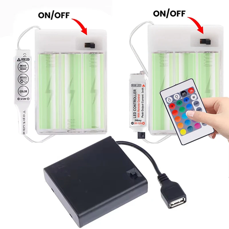 3 slots RGB Battery Holder With 24Key Remote Battery Storage Box With On-Off Switch White Battery Case For RGB 5V LED Lights