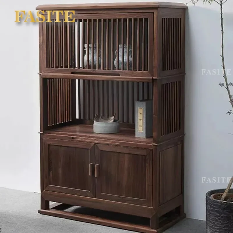 for Black Walnut Tea Cabinet New Chinese Style All Solid Wood Bookcase Shelf Tea Room Modern Simple Display Cabinet Side