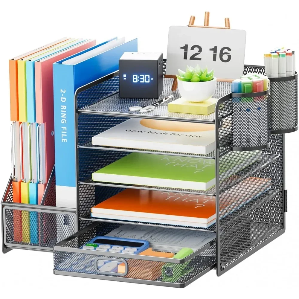 

Organizer with File Holder, 5-Tier Paper Letter Tray Organizer with Drawer and 2 Pen Holder, Mesh Desktop Organizer and Storage