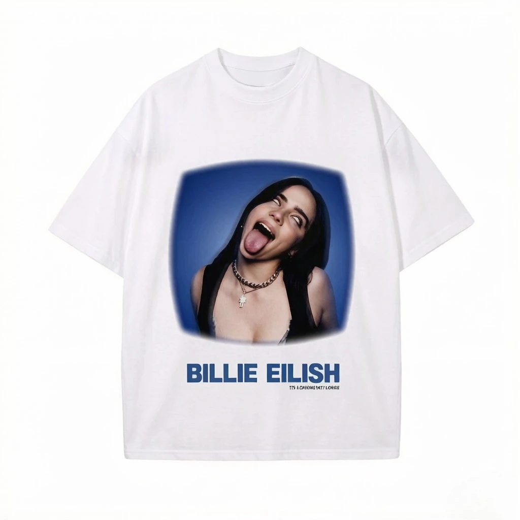 Fashion Singer Billie Eilish T-shirt. New Product Launched. Mainstream Street in The US. Music Style. Pure Cotton T-shirt.