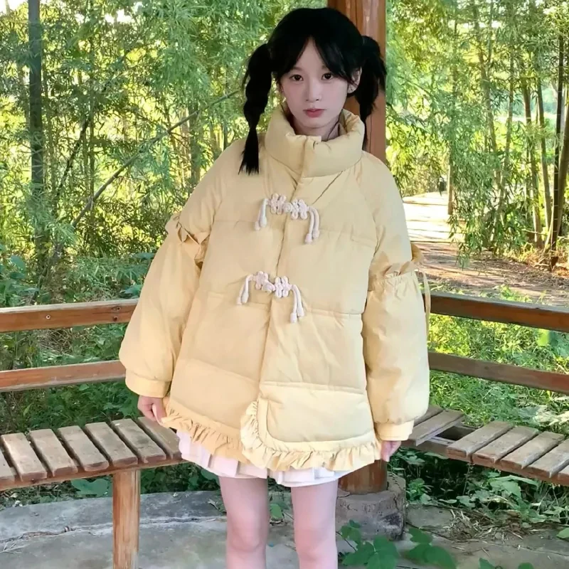 Żółte Kawaii Parki Damskie Zimowe Grube Eleganckie Zapinane na Guziki Z Falbankami Preppy Puszyste Płaszcze Luźne Codzienne z Kołnierzem Stójką Urocze Ubrania Wierzchnie dla Studentek