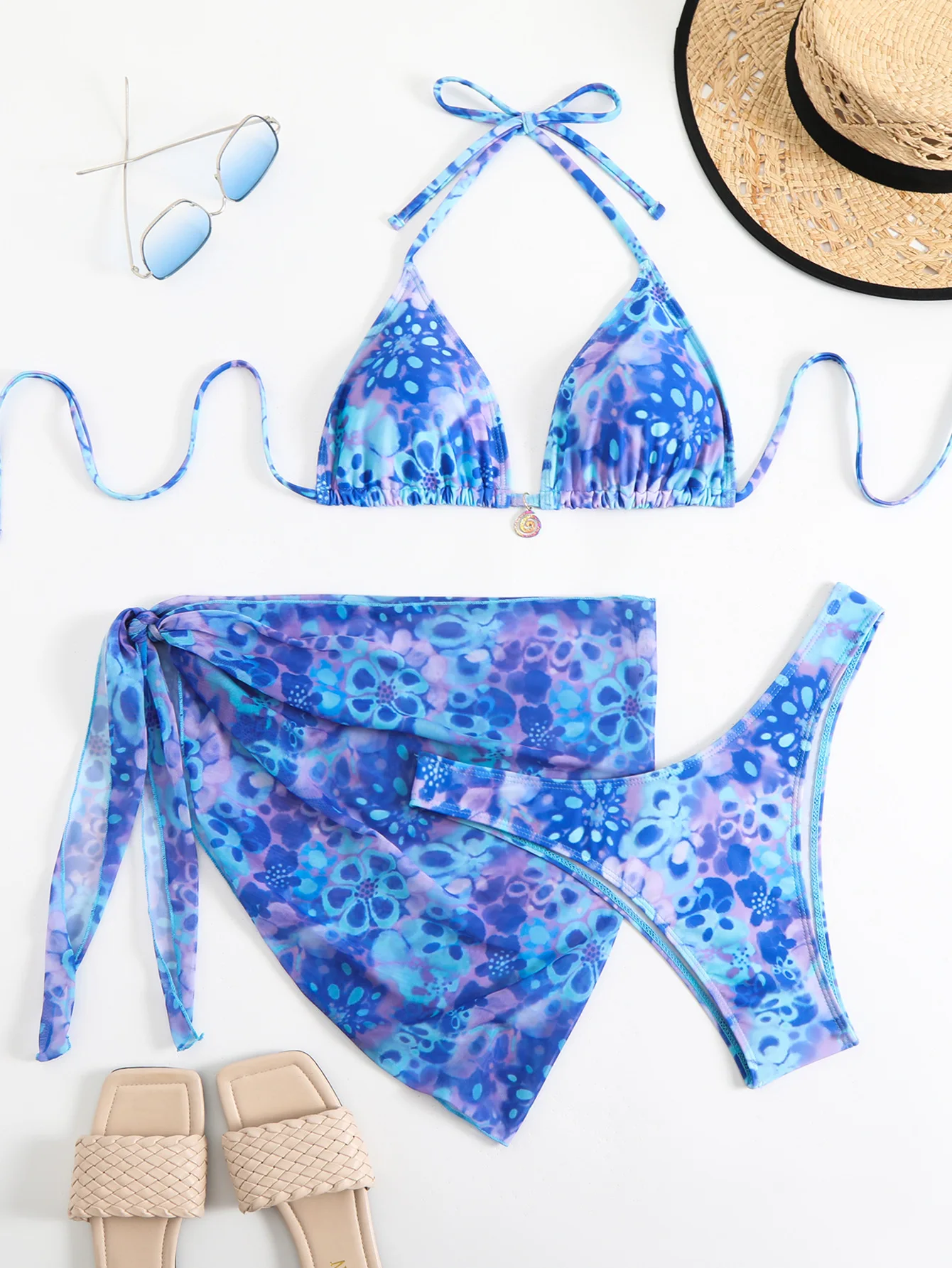 

sexy blue flower print halter tie bikinis sets three pieces with mesh cover skirt swimsuits bathing suit swimwear tankini