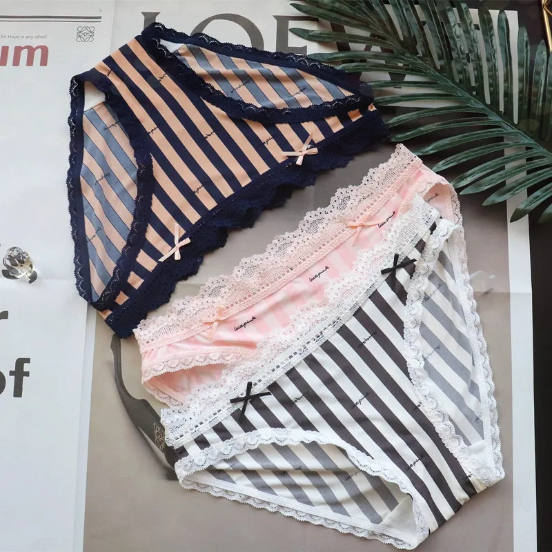 

Women's Cotton Striped Lingerie Panties Low Waist Underwear Brief Comfortable Breathable Ladies Innerwear