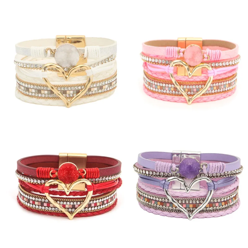 Handcrafted Leather Bracelet Bohemian Multi-layer Personality Gold Heart Ladies Cross Stitching Fashion Jewelry Accessory