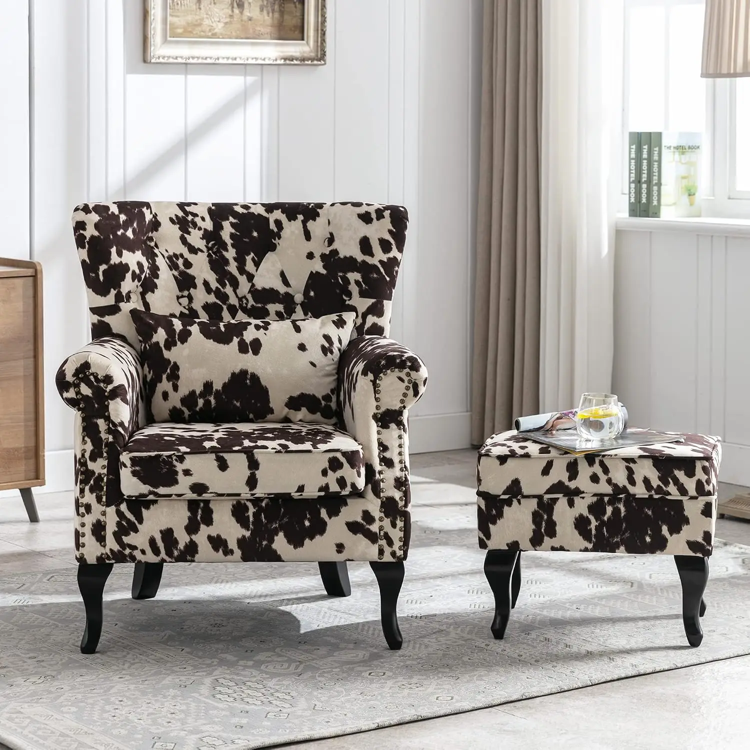 Mid-Century Modern Accent Chair & Ottoman Set 2, Velvet Wingback Armchair with Pillow for Living Room Bedroom Club, Customized