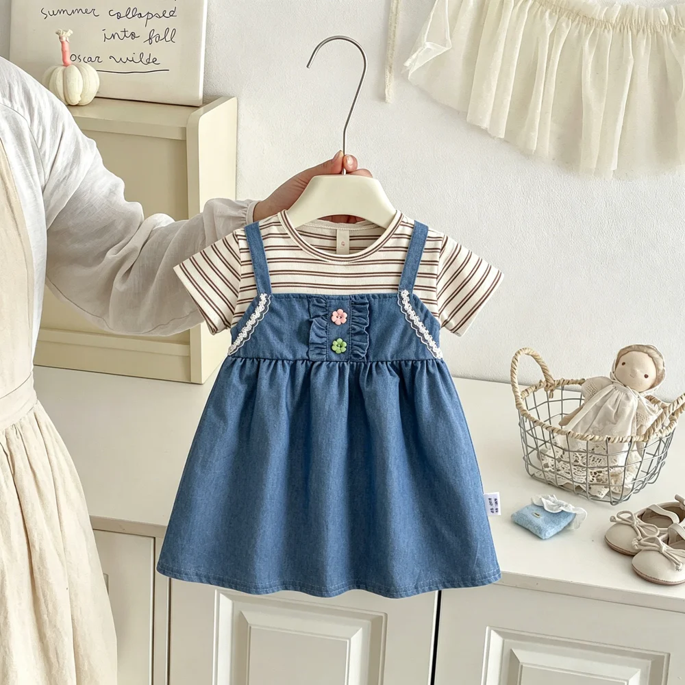 

Girl's Dress Summer Striped Cotton Short Sleeved Girl's Dress Cute Flower Beach Baby Dress Baby Girl Clothing