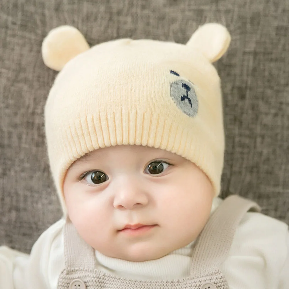 Winter Beanies Cartoon Bear Baby Warm Winter Wool Hat Classical Soft Boys Girls Knitted Hat For Infant Kids 0-8 Month