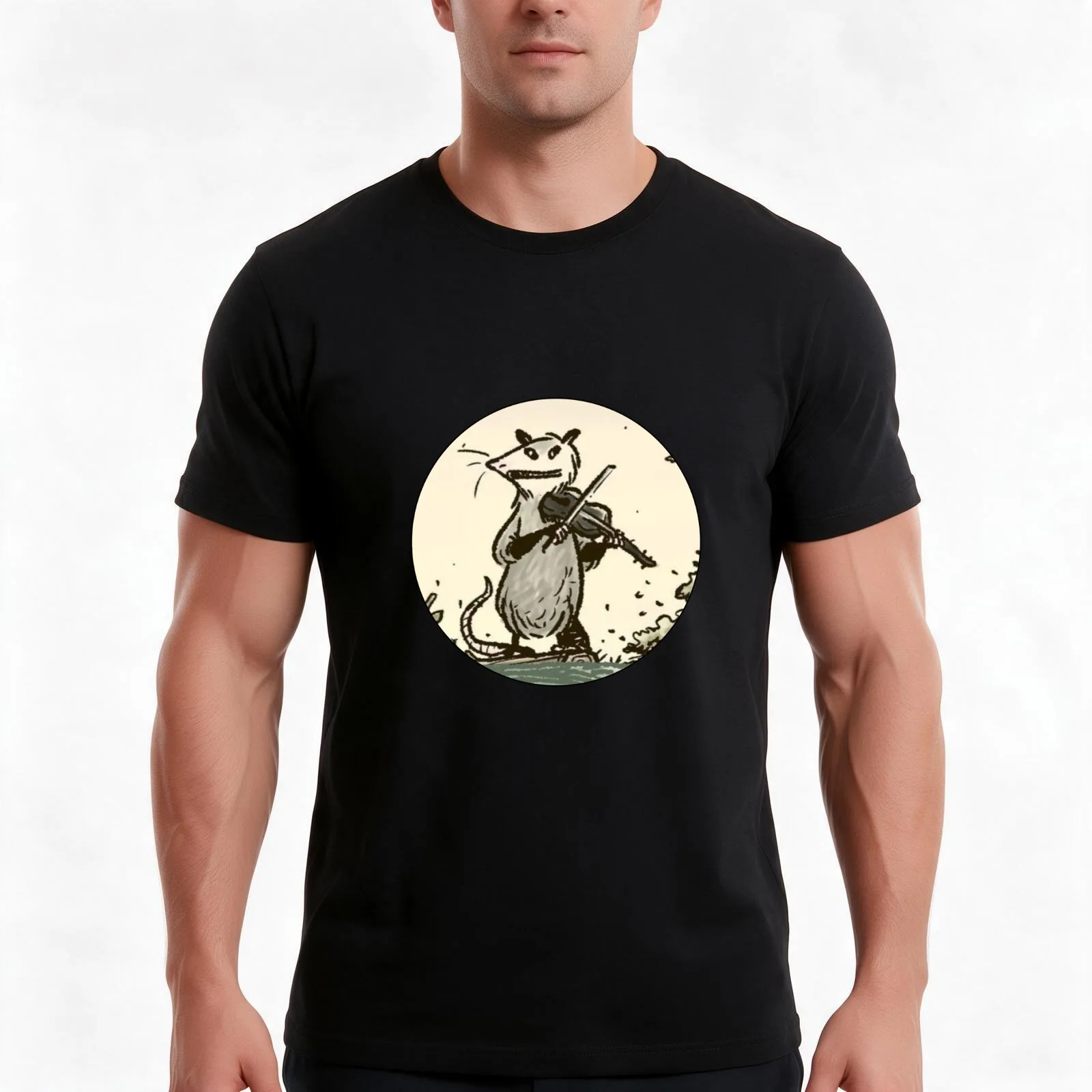 Possum Fiddle T-Shirt, Summer Casual Cotton Tee, Oversized Streetwear Tops, Vintage Graphic Print, Loose Fit Short Sleeve