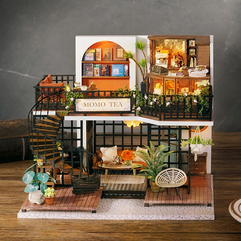 Kits de construcción en miniatura de madera DIY, casa de té de bosque, casas de muñecas con muebles, luces, casas de muñecas para amigos, regalos de cumpleaños