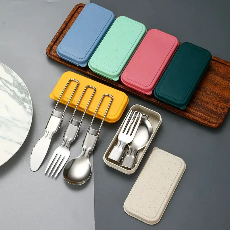 Foldable Cutlery With Storage Box 304 Stainless Steel Portable Camping Tableware Hiking Folding Fork Spoon Dishwasher Safety