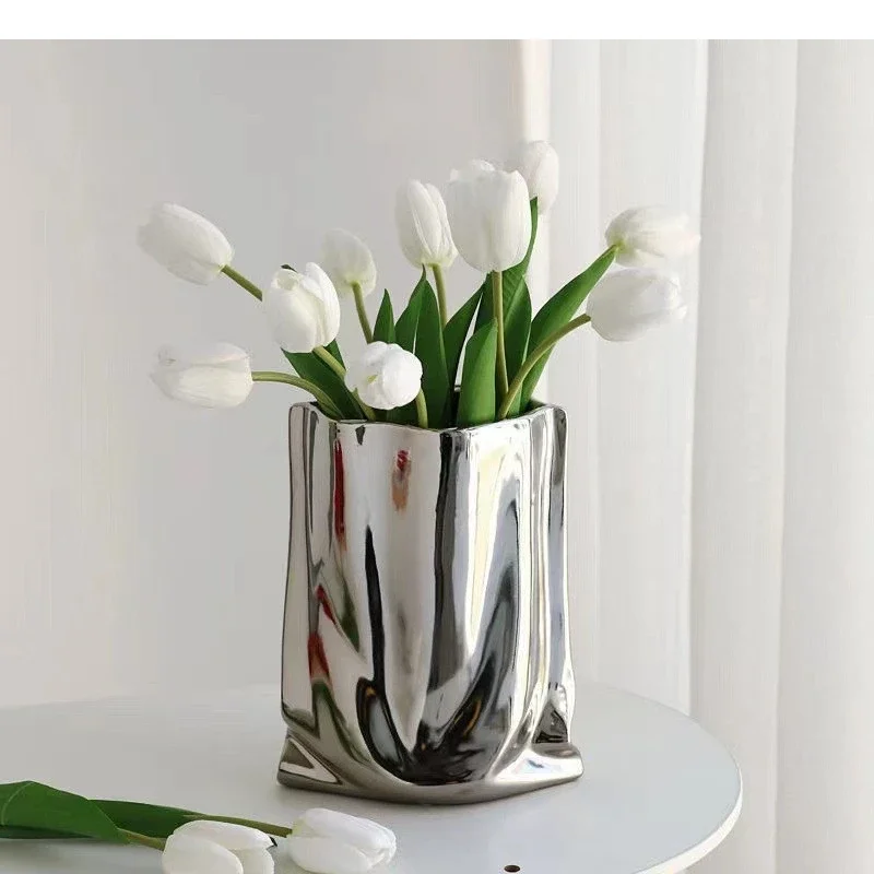 2026  Silver Ruffled Flower Vase Ceramic Porcelain Arrangement Decoration Bag Shape Terrarium Home Vases Pots