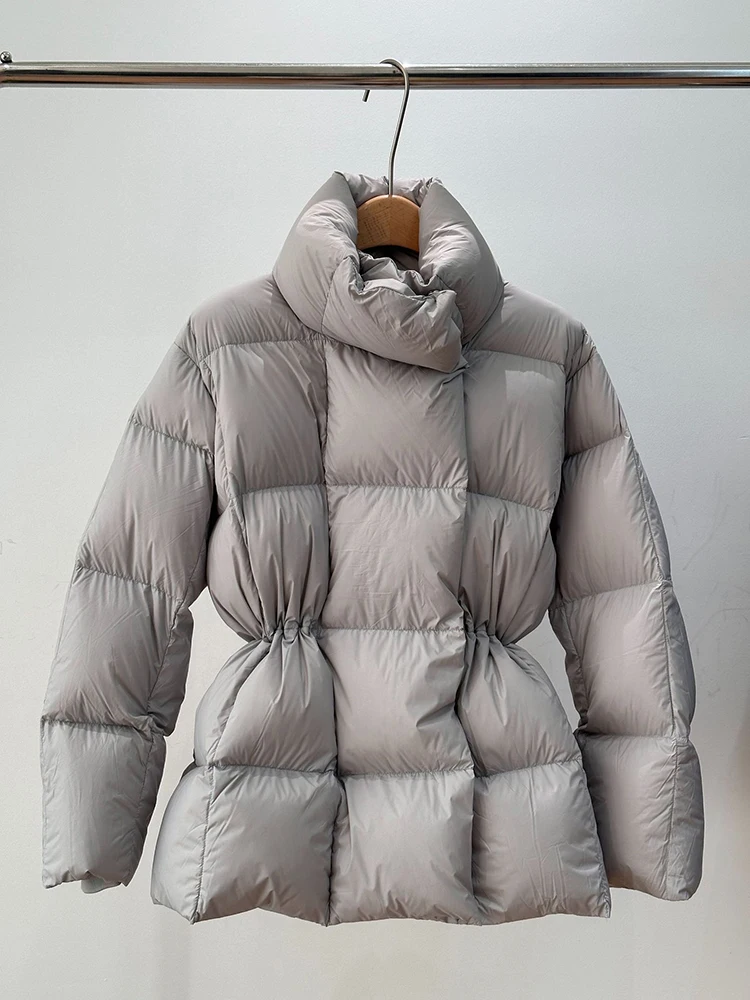Women's Stand-Collar, Cinched-Waist Puffer Jacket – Winter 2026 Warm White Duck Down 