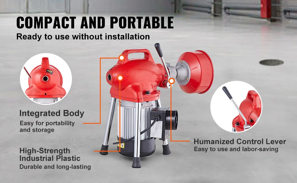 SucceBuy Drain Cleaner Machine 66FT 250W Electric Sewer Snake Auger Manual Feed Pipe Cleaner with 2 Sectional Steel Cables