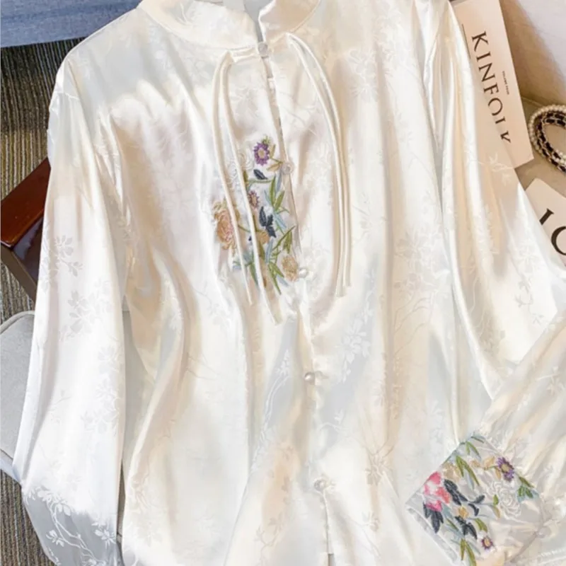 New Chinese Style Retro National Stand Collar Embroidery Jacquard Acetate Satin Long Sleeve White Shirt