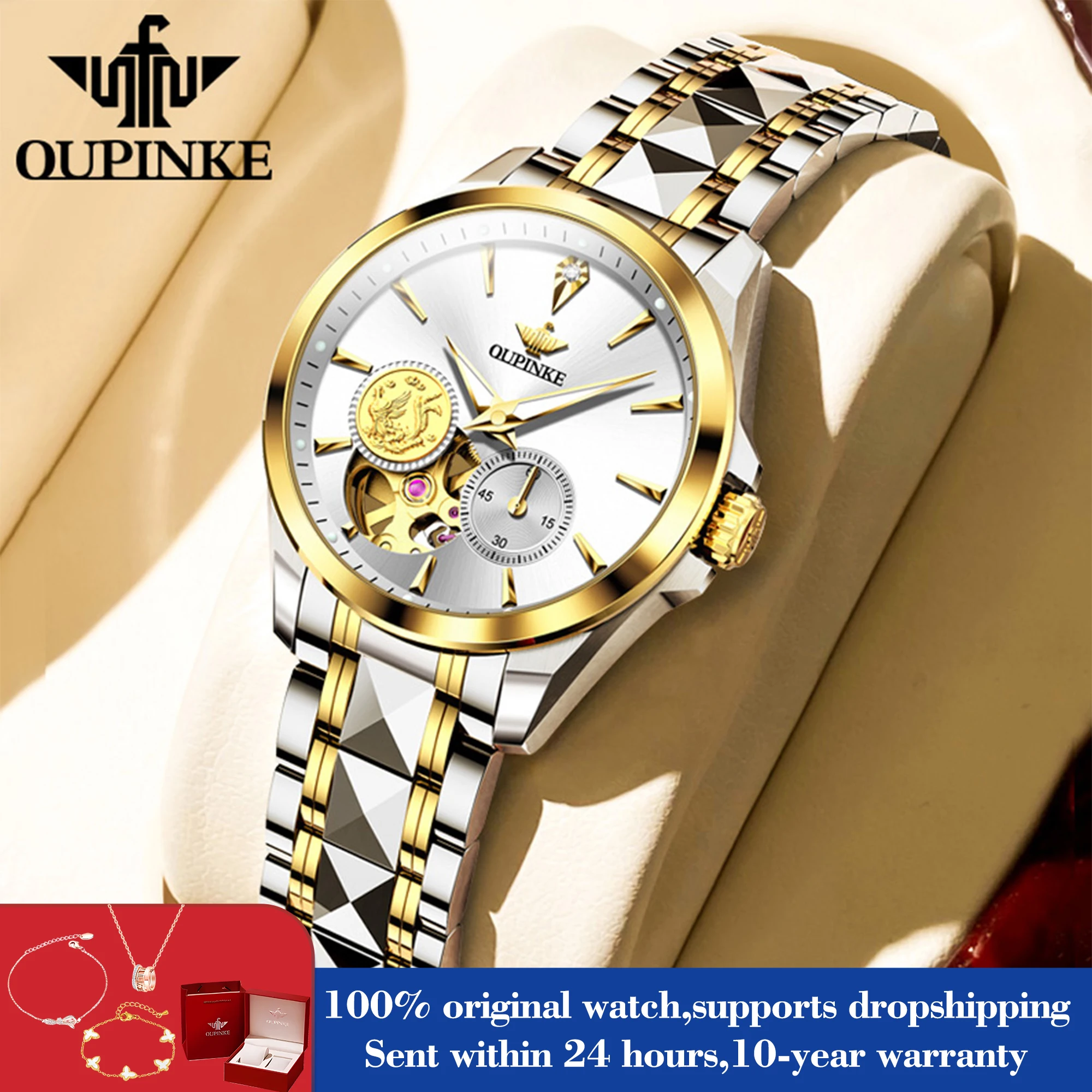 OUPINKE 3260 Real Diamond Luxury Mechanical Watch For Women Business Waterproof Hand Clock Hollow Luminous Elegant Woman Watches