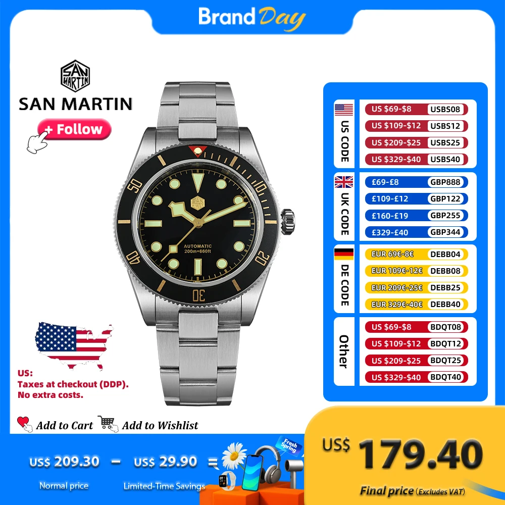 

San Martin 40mm Retro Luxury Diver Watch NH35 Automatic Mechanical Watches for Men with Sapphire 200m Waterproof Luminous SN0008