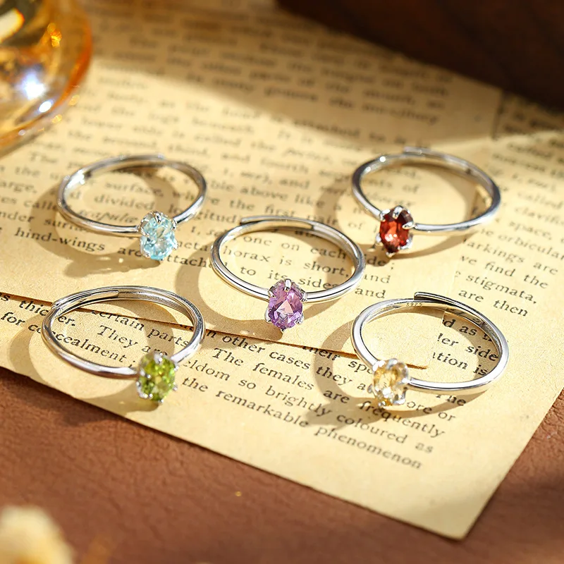 925 Silver Simple Design Oval Genuine Gemstone Wedding Resizable Size Ring Natural Topaz Citrine Garnet Amethyst Peridot Jewelry