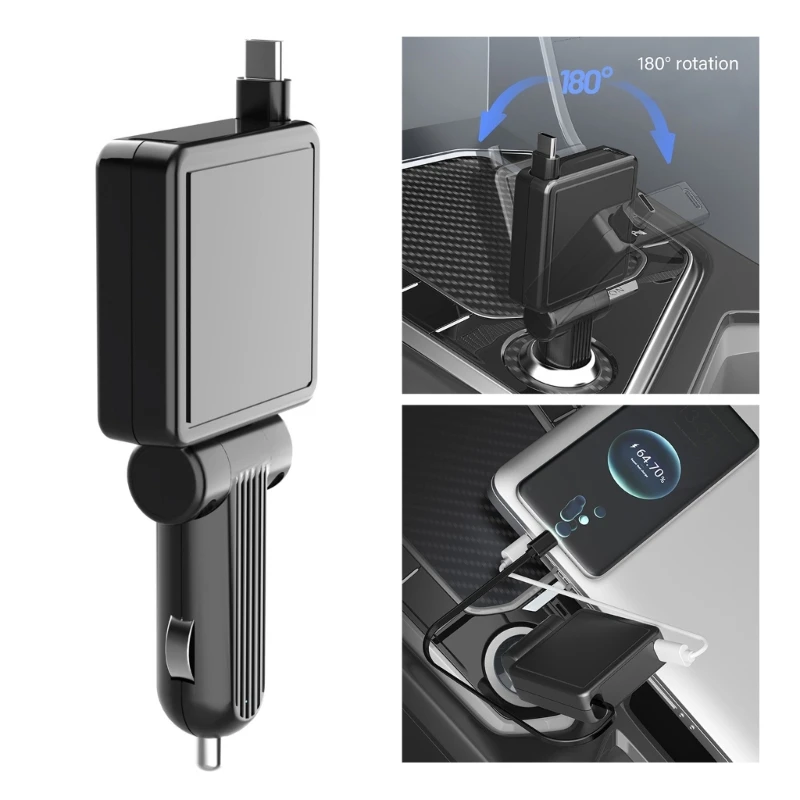 30W Car Charging Adapter Fast Charging with Retractable Cable TypeC Wide Compatibility for Smartphones