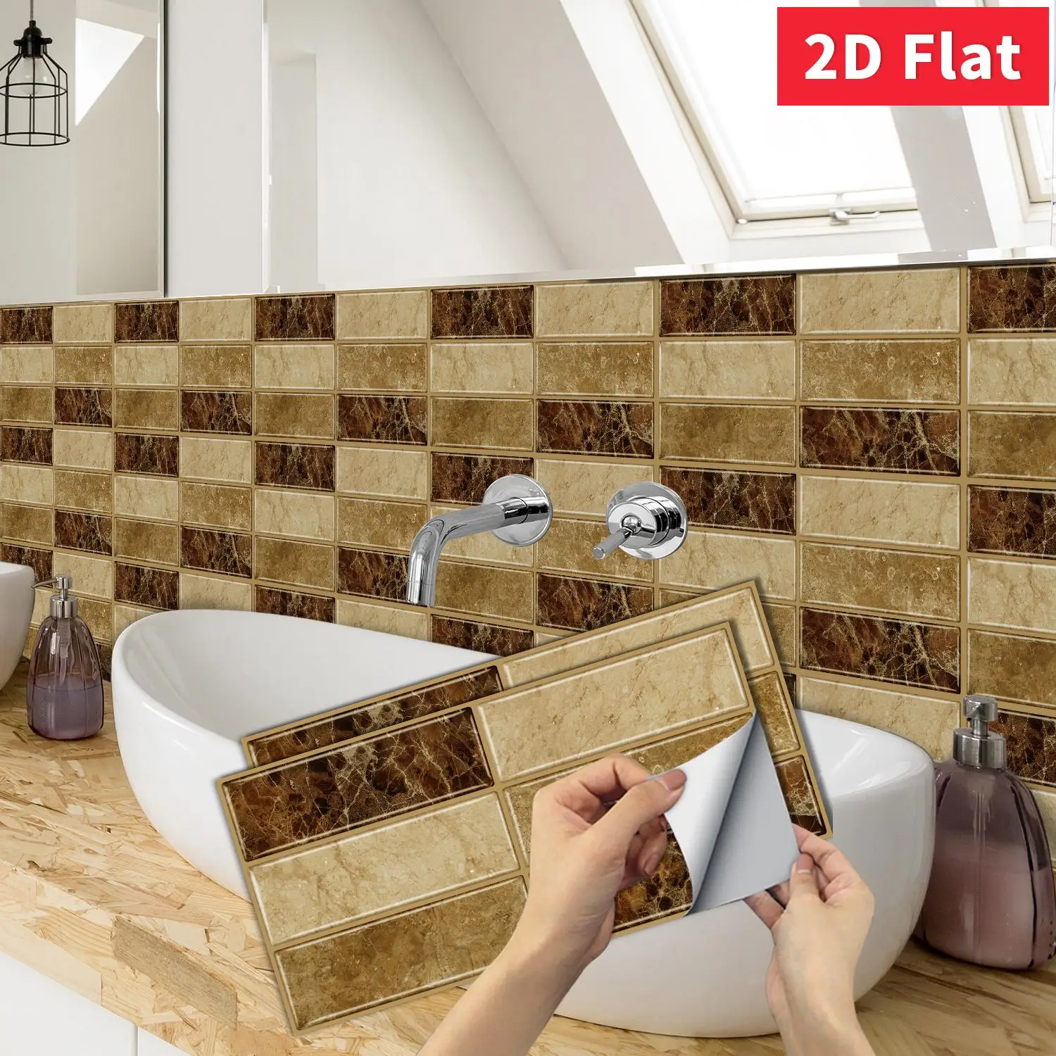 Retro Golden Brown Marble Self‑Adhesive Tile Sticker 11.81×5.91inch Waterproof Kitchen Bathroom Wall Makeover