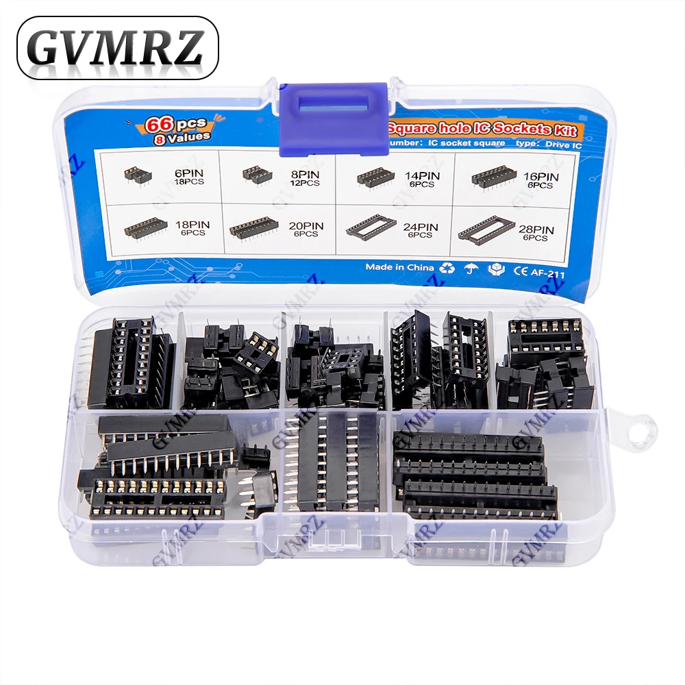 66PCS/lot with Box DIP IC Sockets Adaptor Solder Type Socket Kit 6 8 14 16 20 18 24 28 Pin DIP-6  DIP-14 DIP-8 IC Connector