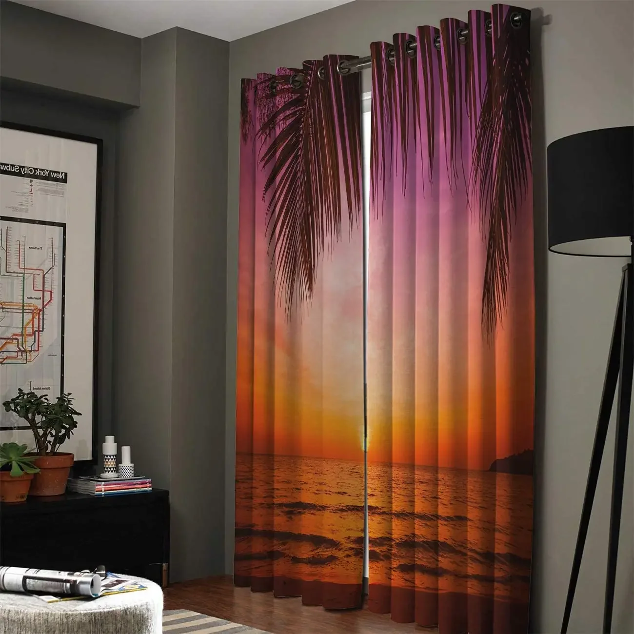 Living Room Decoration Blackout Curtains Sea Sunset View Coconut Palm Leaves Paradise Double Bedroom Living Room Luxury Curtains