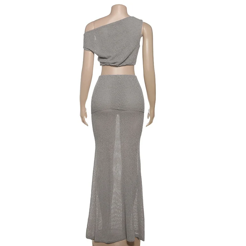 Beach Cover Up Suit Set Women Asymmetrical Diagonal Collar Backless Crop Top High Waist Long Skirt Vacation Sexy Solid Two Piece