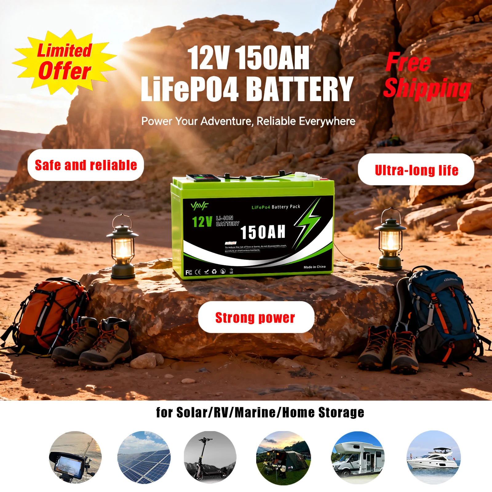 

LiFePO4 12V 4000+ Deep Cycles 18650 Lithium 150Ah Battery Built-in BMS,for UPS, Kayak Fish Finder, Solar Panel,Power Wheels