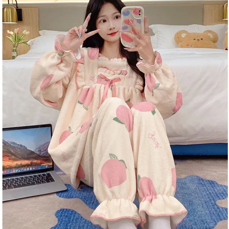 

M-2XL пижамы, утепленная теплая одежда для сна, женские зимние фланелевые пижамные комплекты, милый стиль принцессы, студенческая домашняя одежда для общежития, наряды