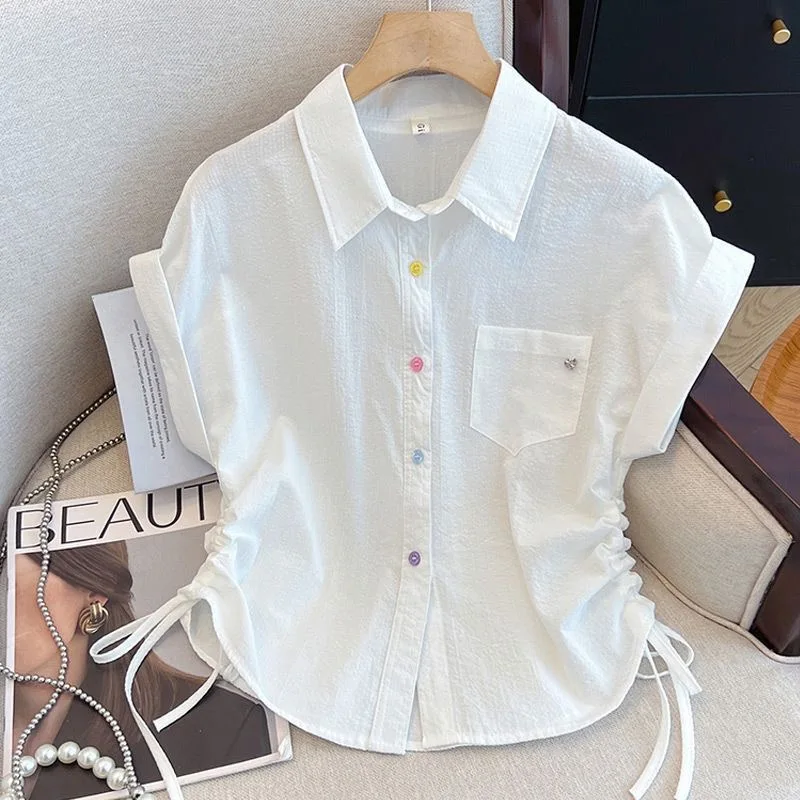 

Summer 2026 Women's Casual Loose Striped Short Sleeve Shirt Korean Style Drawstring Top Breathable Comfortable Commute Fashion