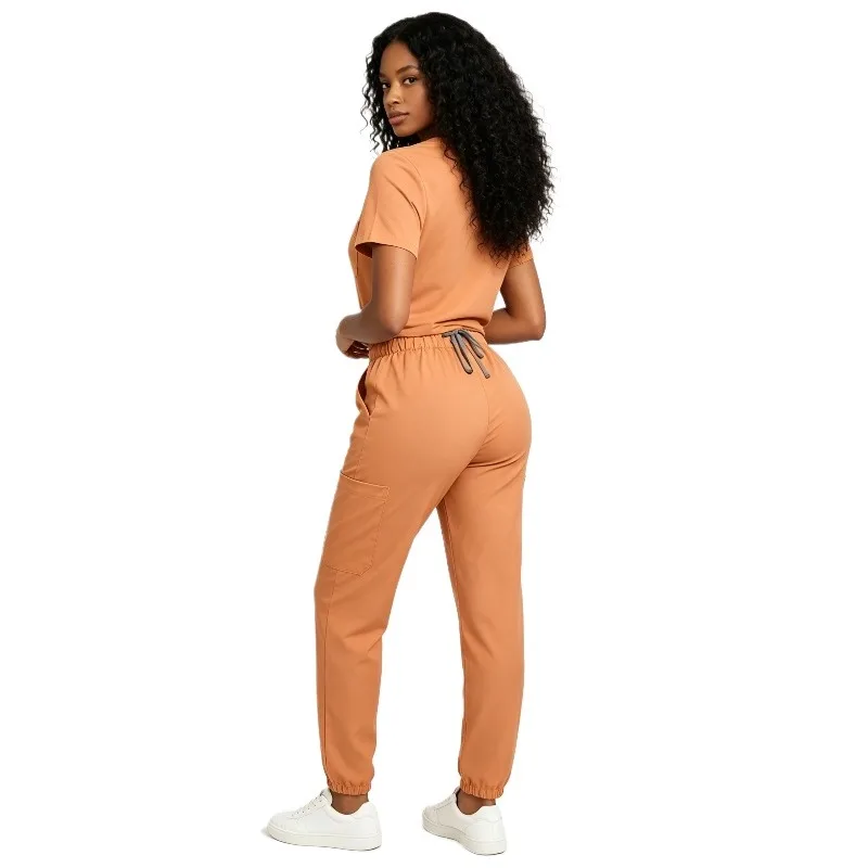 Breathable Elastic Short Sleeve Scrub Set with Functional Pockets for Staff Beauty Salon Operating Room