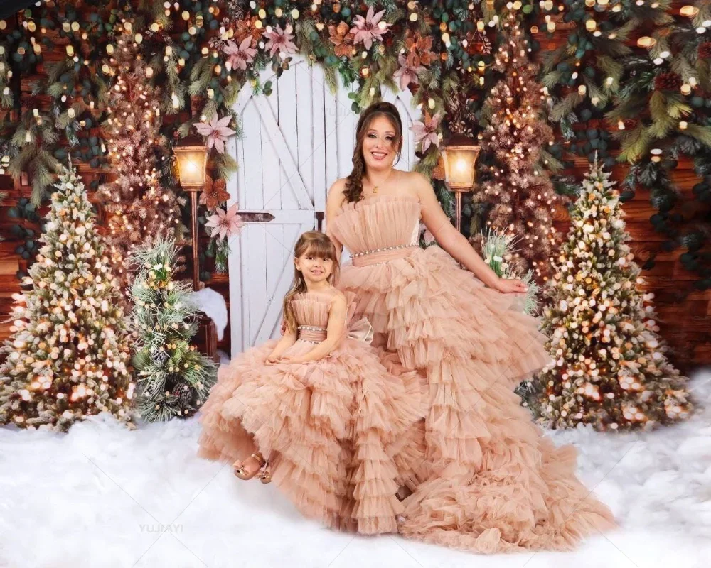 Mommy and Me Matching Long Evening Dress Fluffy Tulle Ruffles Gowns Mother and Daughter Birthday Party Prom Dresses Photoshoot