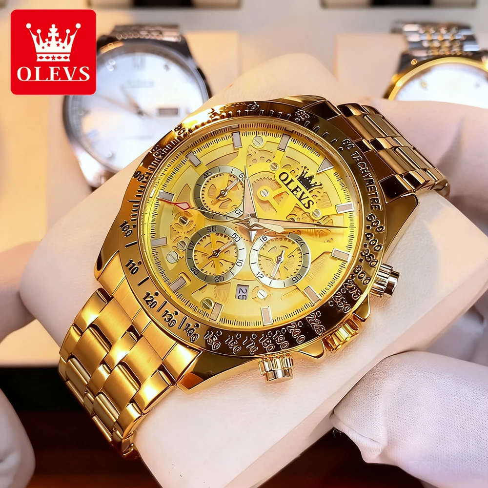OLEVS 럭셔리 남성 시계 트렌드 패션 골드 오리지널 쿼츠 손목시계 방수 발광 날짜 크로노그래프