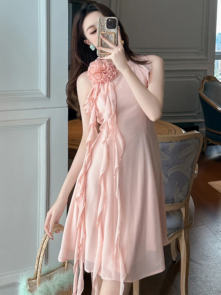 New Summer Fashion Pink Chiffon Evening Dress Women Clothes Elegant Sweet Flower Sleeveless Slim Short A-Line Party Prom Vestido