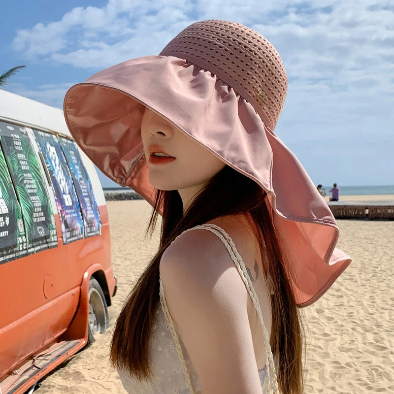 Summer Hat Women\'s Hollow Gold Label Neck Protection Sun Hat Seaside Large Brim Shawl Hat Covering Face Protection Sun Hat Thin