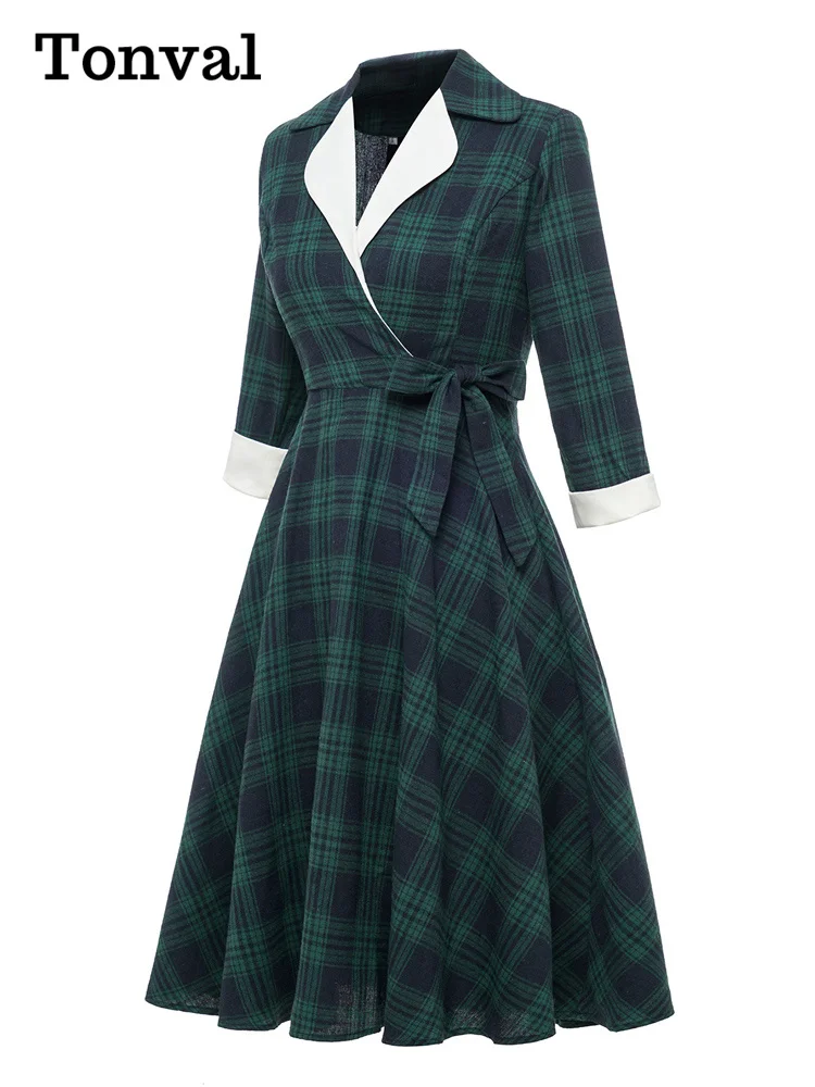 Tonval Notched Collar Green Plaid Vintage High Waist Dress Autumn Winter Women 3/4 Length Sleeve 1950S Rockabilly Midi Dresses