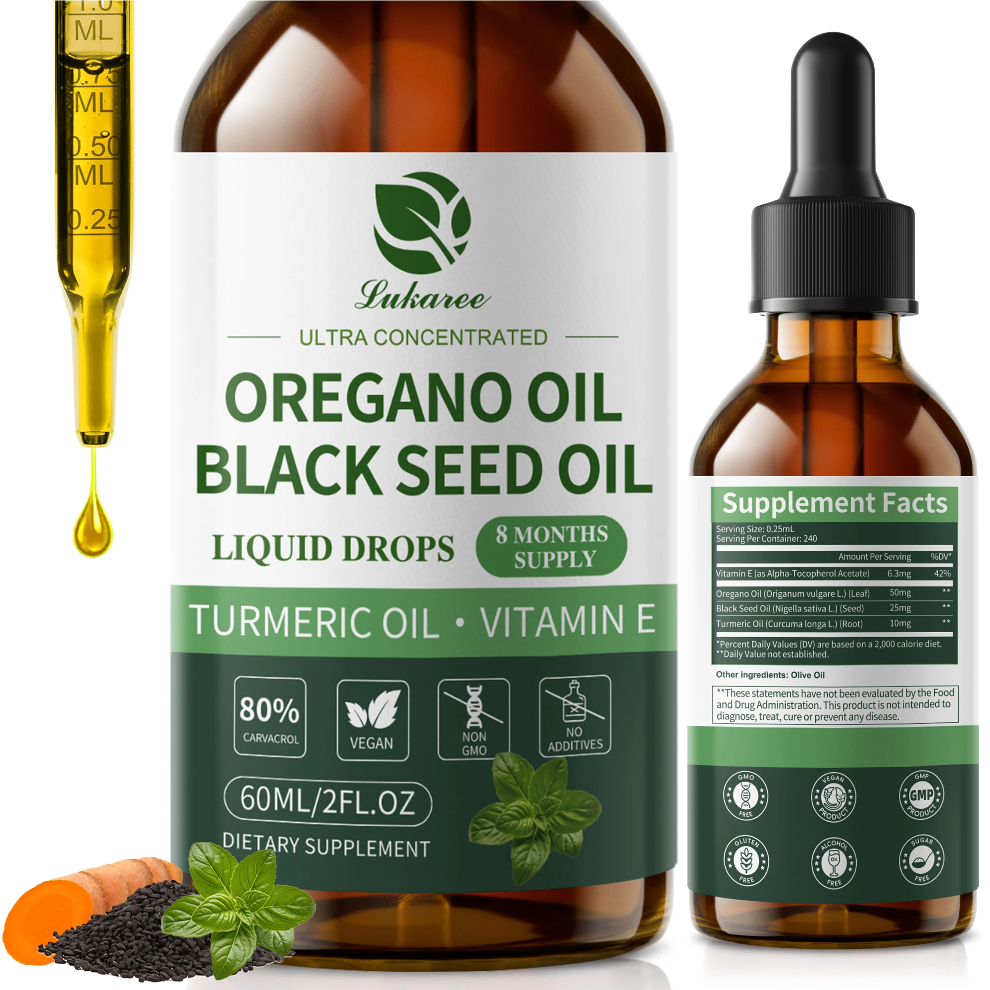 Lukaree 60ML Orgainc Oregano Oil Drop Support Respiratory,Immune System Health Support Digestion and Intestinal Balance ﻿