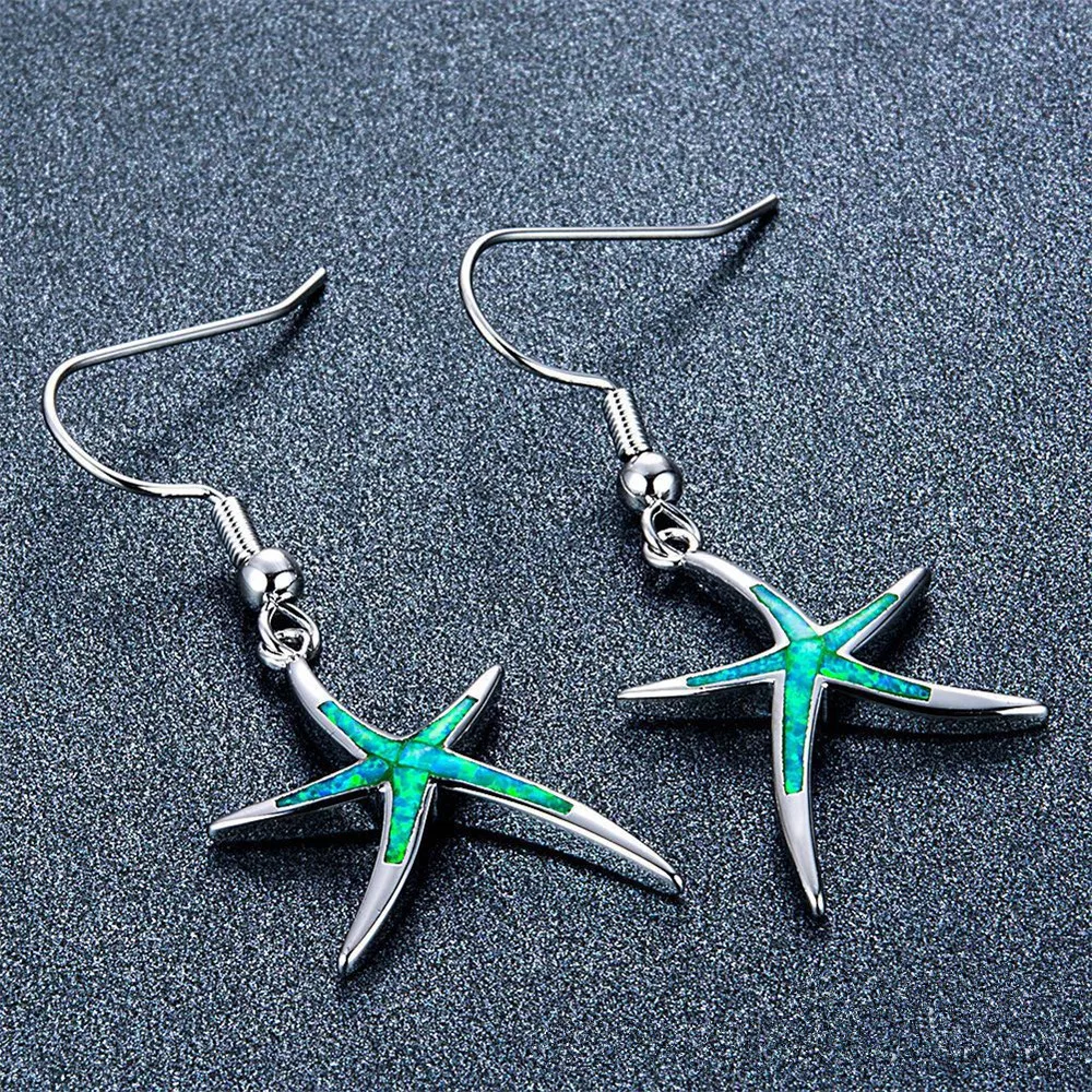 Ekopdee Cute Starfish Blue Imitation Fire Opal Drop Dangle Hook Earrings Womens Summer Beach Jewelry